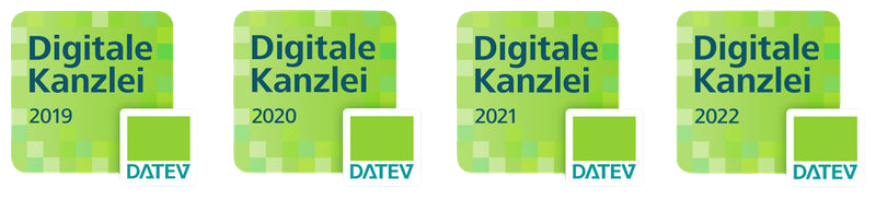 Logos der DATEV-Auszeichnungen Digitale Kanzlei von 2019 bis 2022
